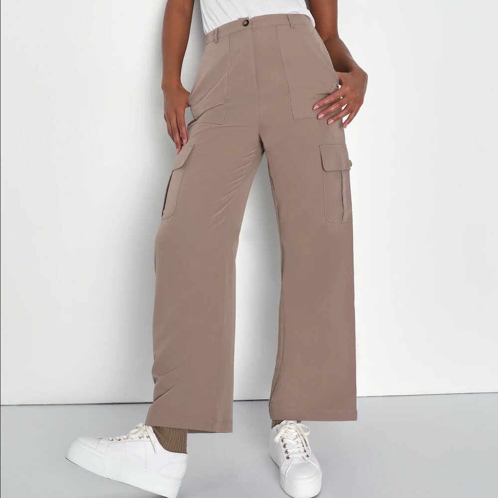 Lulus Stepped-up Style Taupe Wide-leg Utility Pants - Size S - Picture 1 of 4